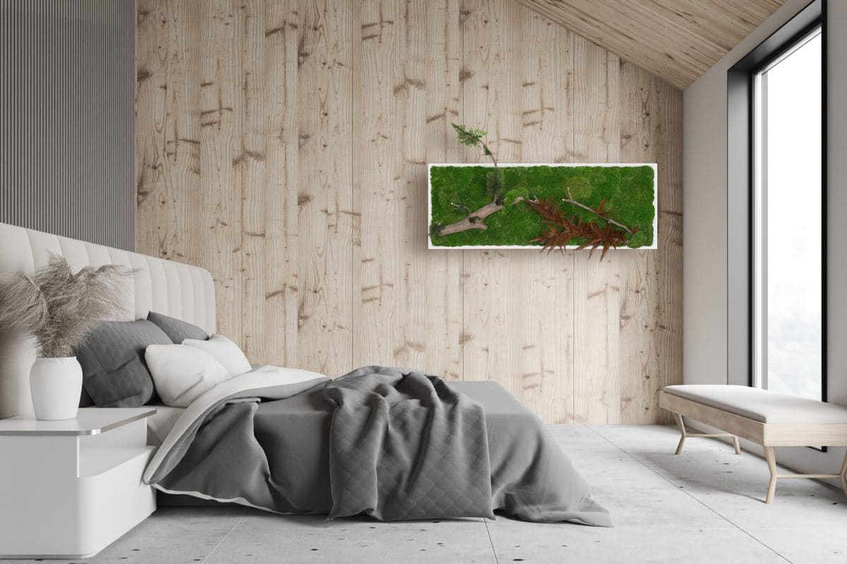 Wooden and gray attic bedroom interior