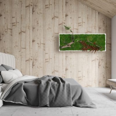 Wooden and gray attic bedroom interior