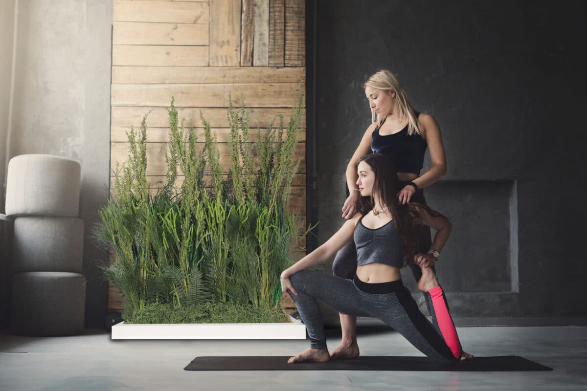 Young woman with yoga instructor in fitness club, mermaid pose