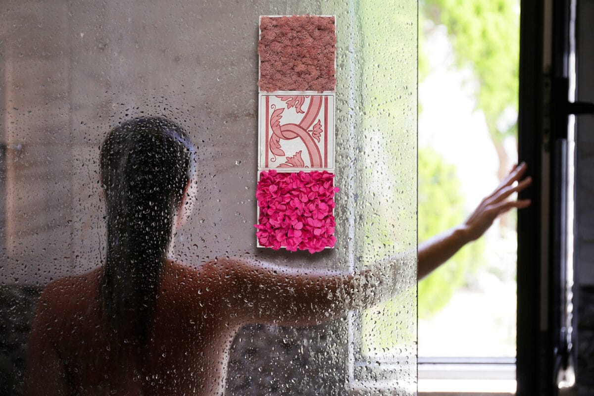 Back view of a naked woman in a shower cabin opening a window. Modern framless fixed glass panel, marble textured tile. Copy space, background.