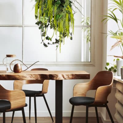 Stylish and botany interior of dining room with design craft woo