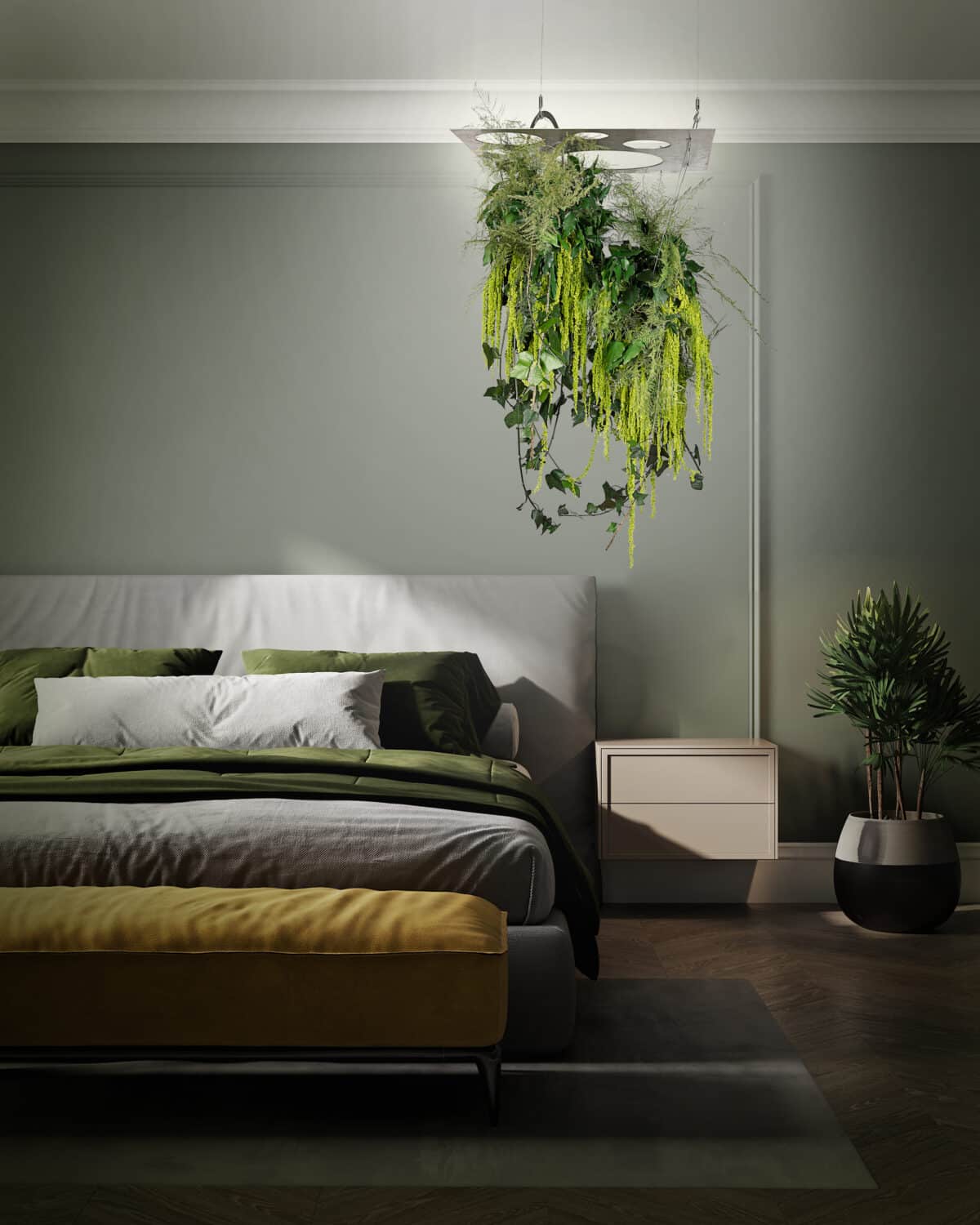 Green bedroom with gray bed on the wall in home bedroom interior