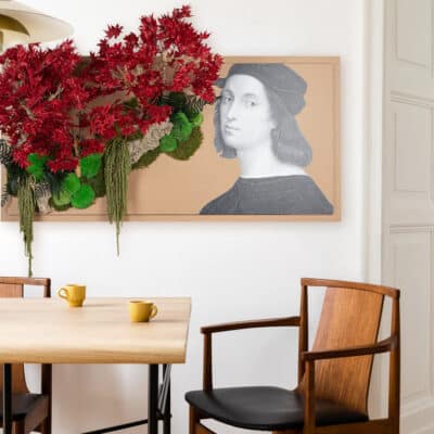 Stylish and eclectic dining room interior with mock up poster ma