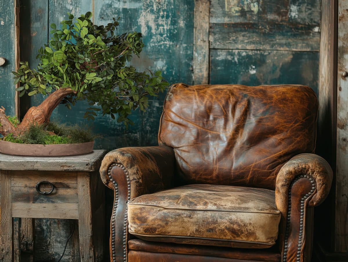 A close-up of a classic vintage leather armchair with cracked, w