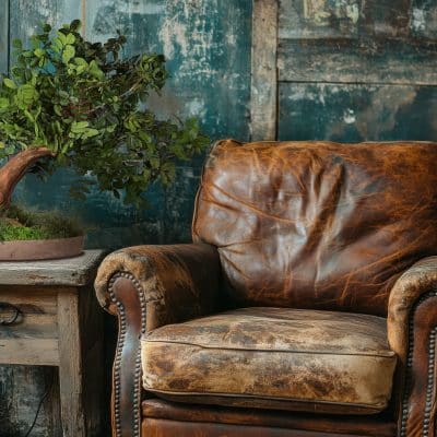A close-up of a classic vintage leather armchair with cracked, w
